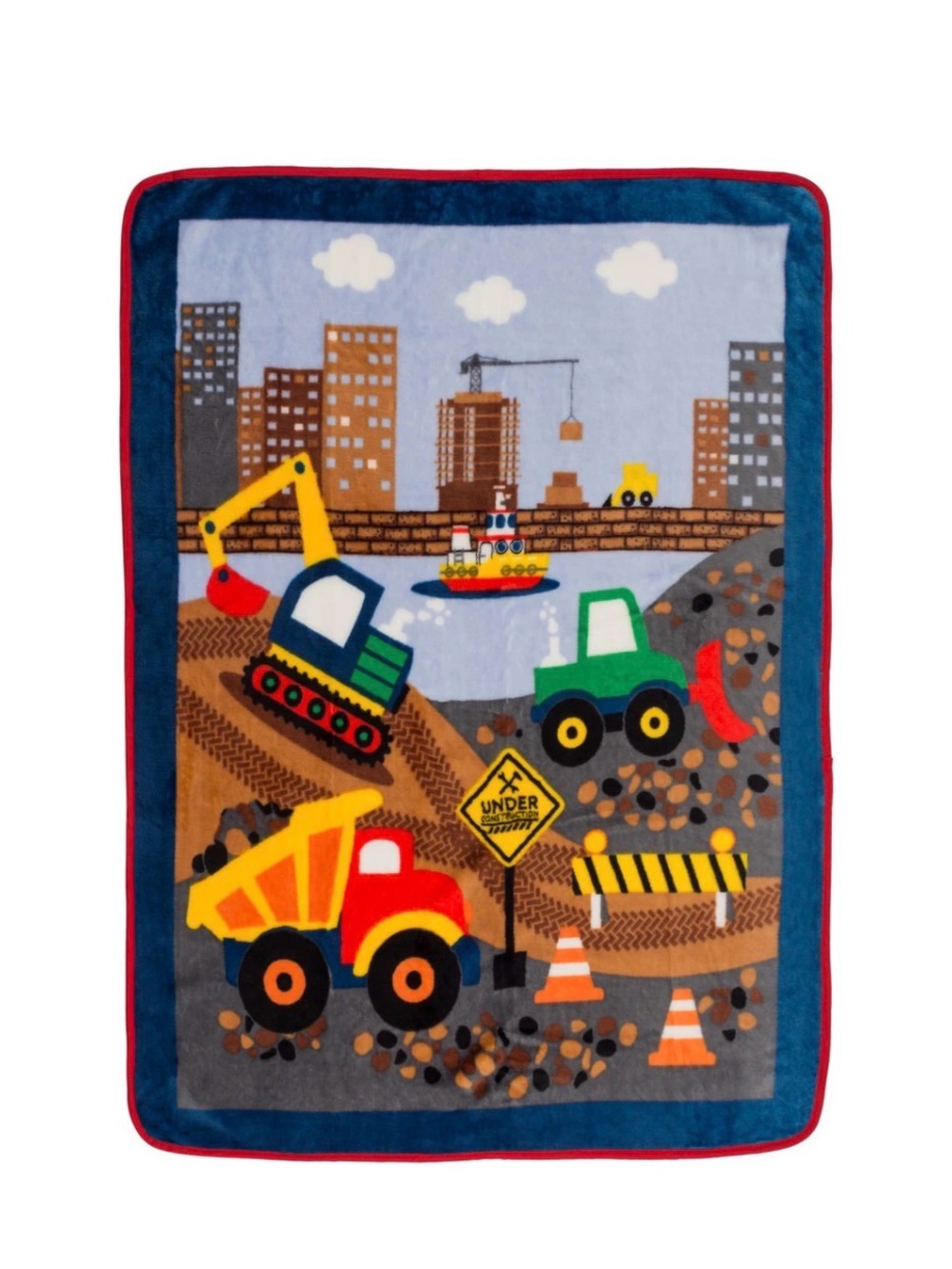 Kids Construction Vehicles Plush Blanket - Blue/Red